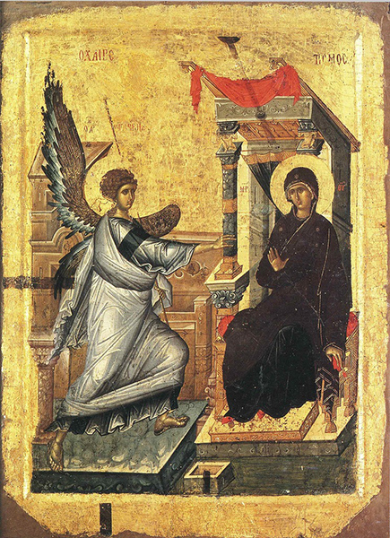 Byzantine Icon of the Annunciation, - 14th century. Macedonia. Orchid. Icon gallery of the Popular Museum. The immaculate conception of the Son of God.