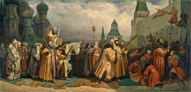Palm Sunday in Moscow Under Tsar Alexis Mikhailovich. Procession of the Patriarch on a Donkey by Schwartz V.G. 1838, Kursk - 1869, Kursk