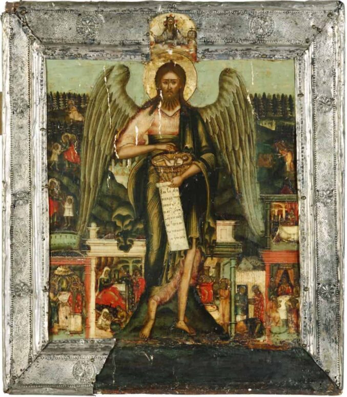 Angel of the Desert Icon of John the Baptist, with scenes from his life. Central Russia. Early 18th century.