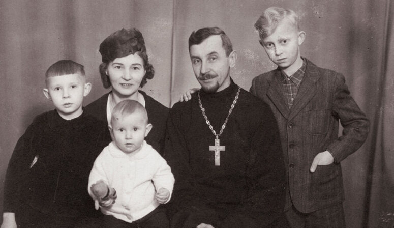 Yaroslav, matushka Vera holding Sergey, Fr Konstantin, Georgy. 1945