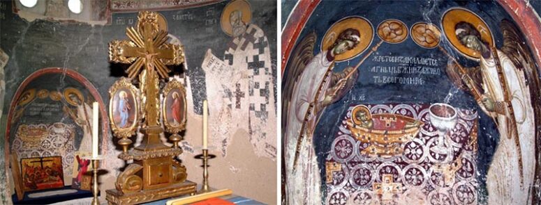 Adoration of the Sacrifice. Sanctuary fresco at the Studenica Monastery (Serbia). 13-14th centuries. 