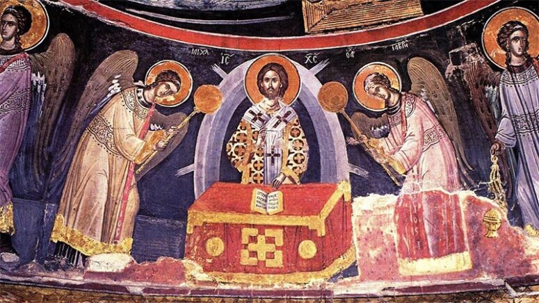 Heavenly Liturgy. Fresco at the Church of St. Nicholas. Monastery of Stavronikita. Athos 1546