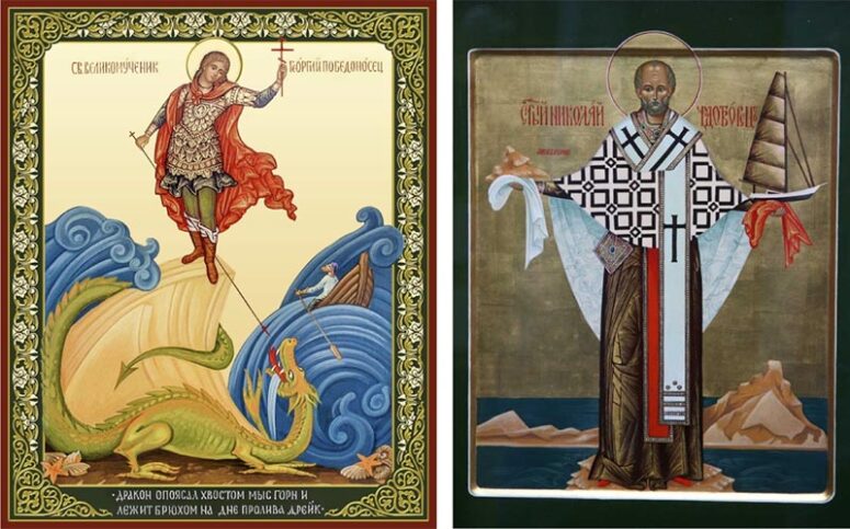 Icons painted by Father Fyodor Konyukhov: St. George the Victorious and St. Nicholas of Cape Horn