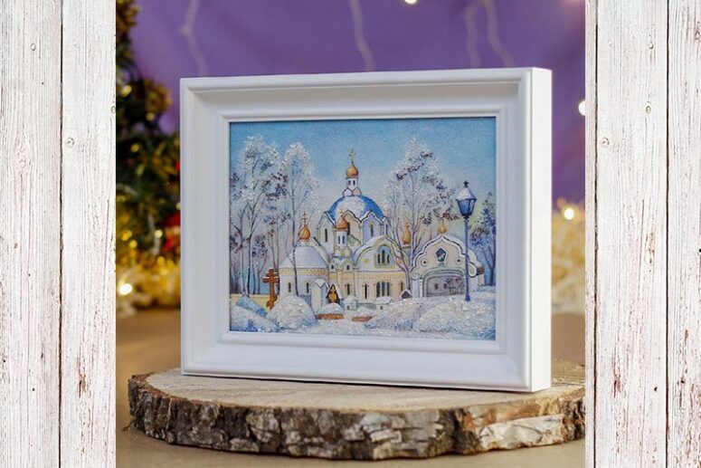 "St Elisabeth Convent in Winter" Crushed Stone Painting