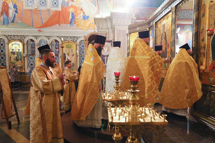 Priests wear Kamilavkas during the Small Entrance