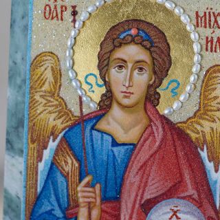 handmade from grounded semi-precious stones icon of saint Michel the Archangel
