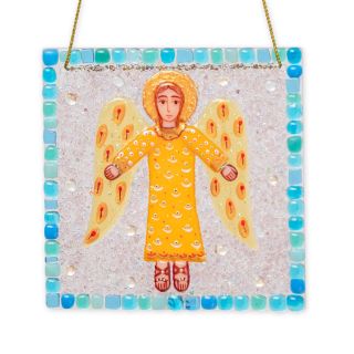 handmade glass panel angel on a bird
