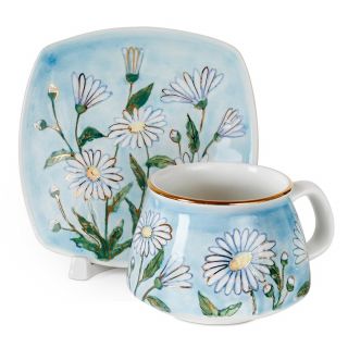 ceramic tea cup with saucer with chamomile painting 