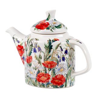 handmade ceramic teapot with poppies and chamomiles and bluebells
