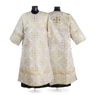 white and gold sticharion with a cross