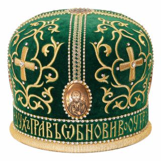 white polyester mitre with icons and embroidery