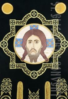 Church Banner (Khorugv) with Embroidered Icon of Christ from Black Velvet