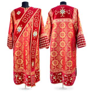 red brocade and velvet protodeacon vestment with embroidery and pearls