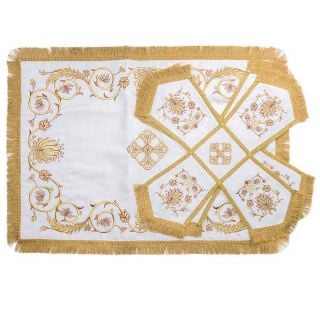 white chalice covers with fern embroidery