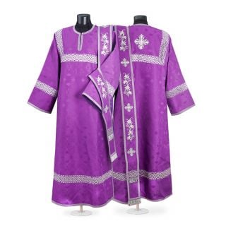 purple deacon vestment with embroidered lilies and crosses