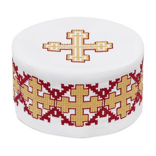 White Serbian Skufia with embroidered crosses in red and yellow colors