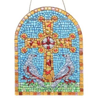 stained glass panel with doves and cross
