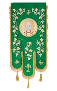 Orthodox liturgical banner with an embroidered icon of St Nicholas the Wonderworker