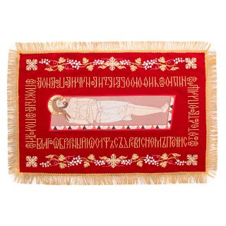 red velvet shroud with embroidered grapes and troparion