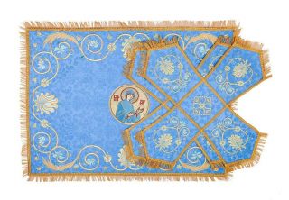beautiful blue chalice covers and a veil with fern embroidery and medallion of the Theotokos
