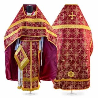 burgundy silk priest vestment with galloons and sewn crosses