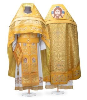 yellow Russian-style priest vestment for a divine liturgy with Jesus icon