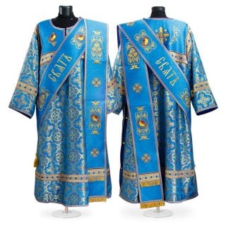blue protodeacon vestment with birds and crosses