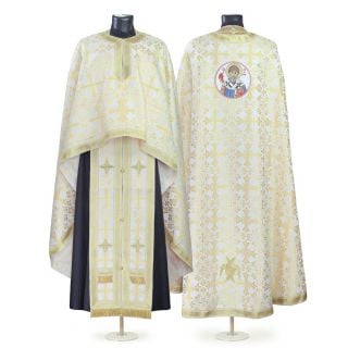 White/gold Greek-style priest vestment with sewn Medallion of Spyridon of Tremithus