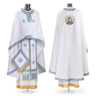 white greek-style priest vestment with blue embroidery 