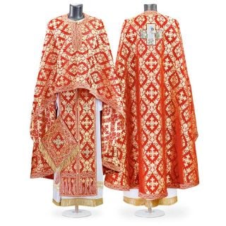 Red paschal Greek-style priest vestment with medallion on the back