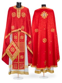 red Greek-style priest vestment from decorative fabric with medallion