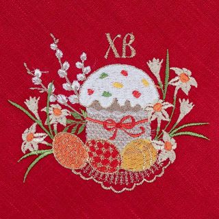 Easter white linen napkin with embroidered flowers eggs and Kulich