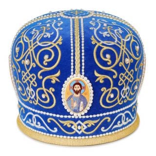 White mitre with handmade embroidery and ceramic icons