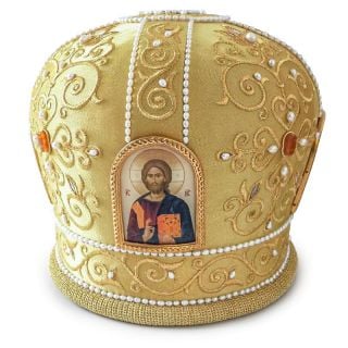 White/grey silver-colored mitre with pearls
