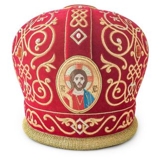 red velvet mitre with embroidered icons of saints