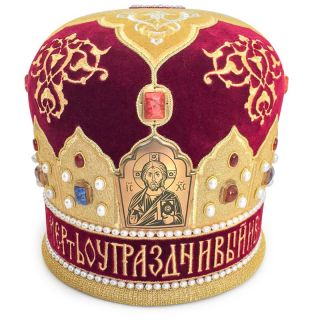 burgundy velvet mitre with icons