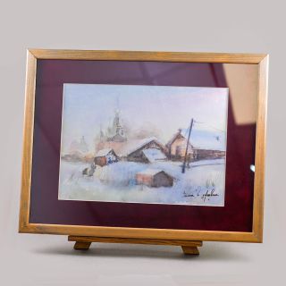 watercolor winter countryside church