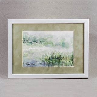 Hand-painted Watercolor picture of a lake in summer