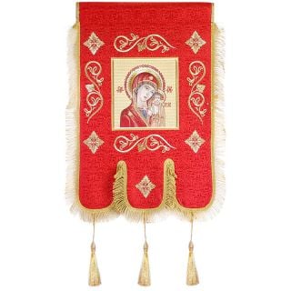 red silk khorugv with embroidered icon of the Mother of God
