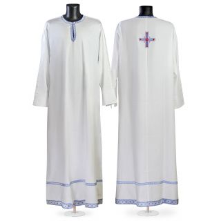 White sateen priest sticharion with embroidey and galloon