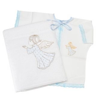 baptismal set for a toddler with blue lace and embroidered angel
