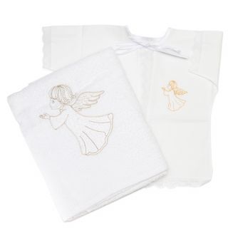 baptismal set for a toddler with blue lace and embroidered angel