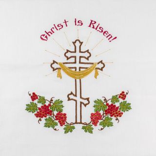 Easter embroidered napkin Christ is Risen with grapes