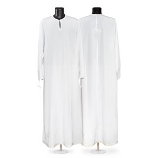 white priest sticharion with silver embroidery on the back and galloon