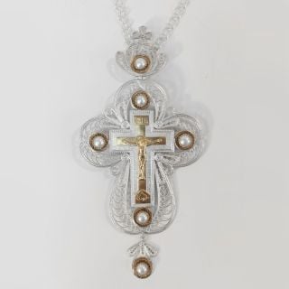 Filigree Pectoral Cross with pearls covered with silver and gold