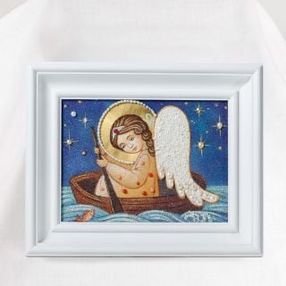 handmade picture of grounded semi-precious stones of an angel in a boat