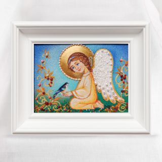 angel in dandelions with a bird semi-precious stones wall picture