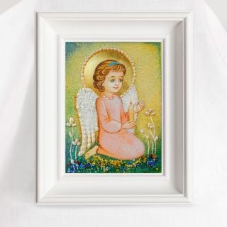 handmade semi-precious stones picture of an angel with a candle with pearls