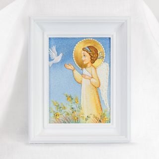 Handmade picture of crushed semi-precious stones of an angel with dove