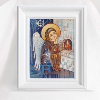 handmade picture of an angel with a cat by fireplace 